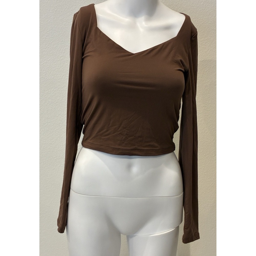 Reoria Crop Top Long Sleeve Womens S Brown Stretch Sweetheart Trendy Classic Y2K